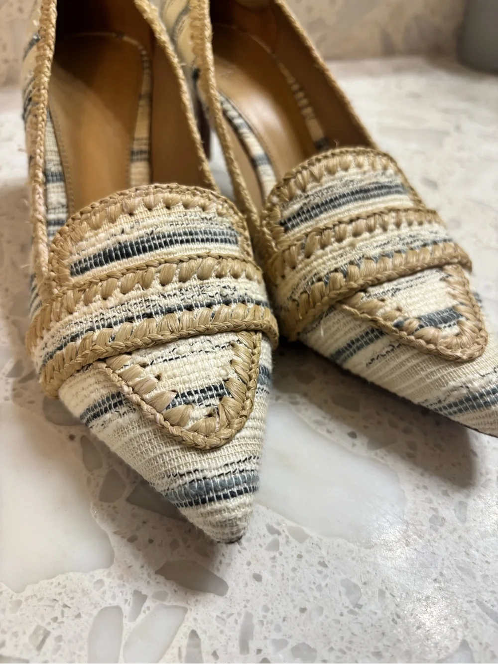 Tory Burch Beige Striped Raffia Pointed-Toe Flats